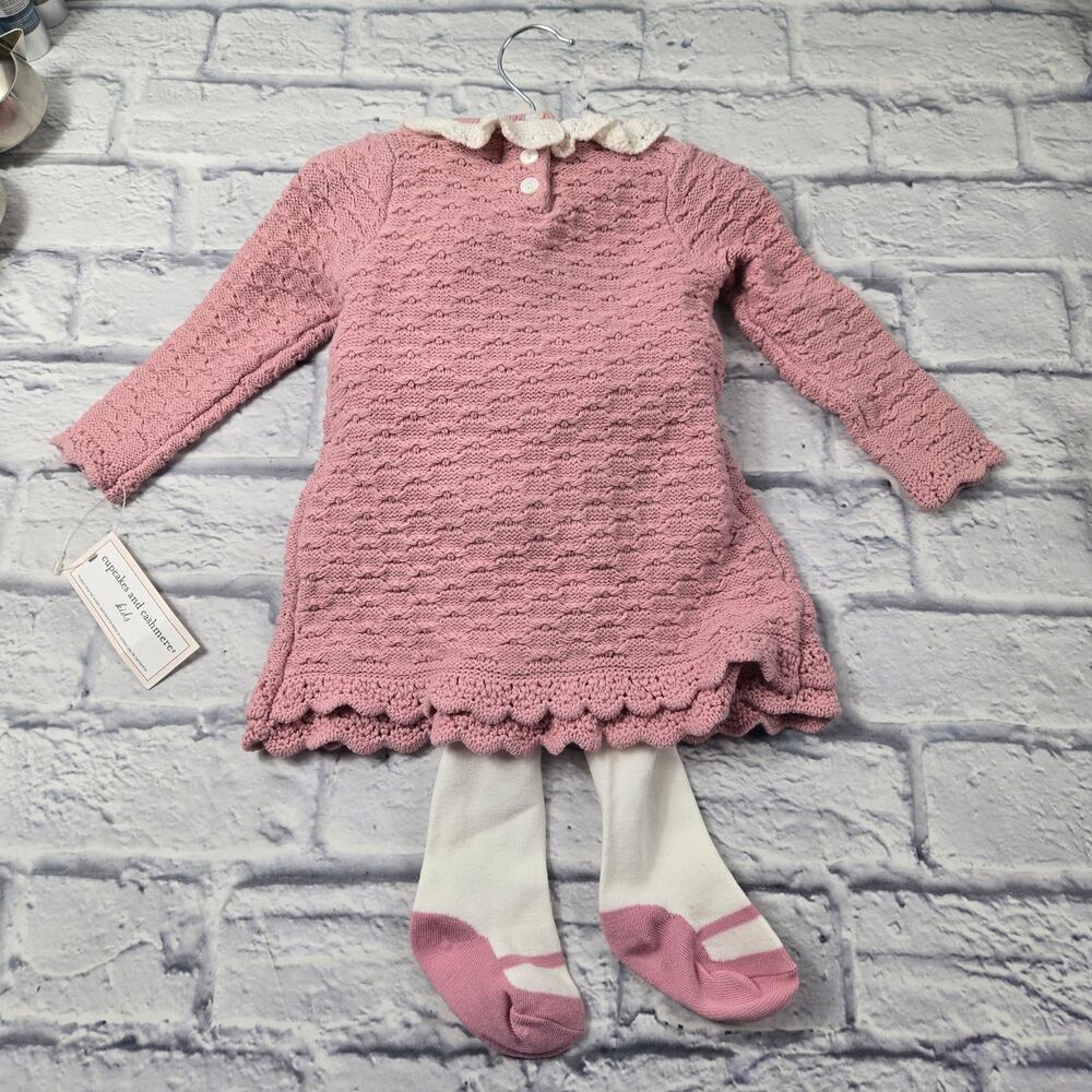 NWT Cupcakes and Cashmere Pink Knit Dress White Tights Bunny Lovey 6 to 9 months - Picture 4 of 16